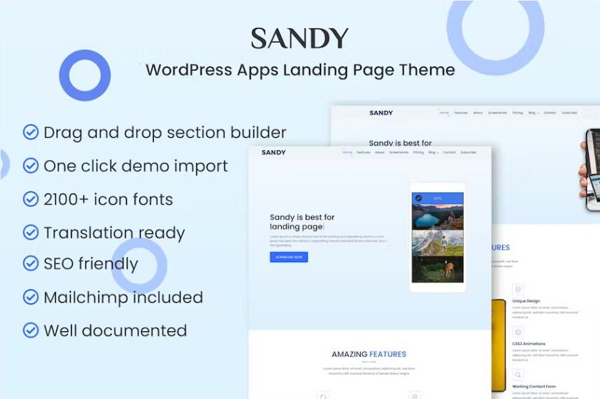 Sandy – 应用登陆页面 WordPress 主题