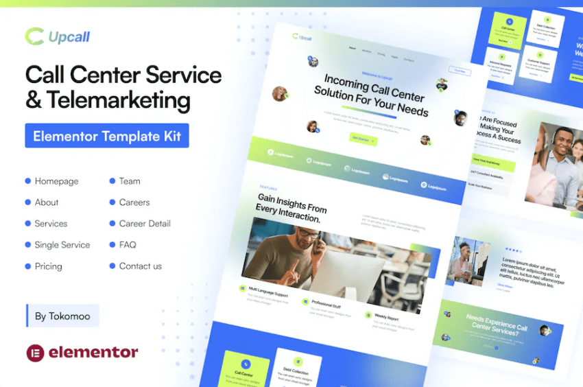 Upcall – 呼叫中心服务和电话营销 Elementor pro 模板套件