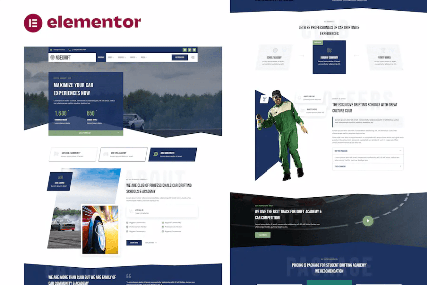 漂流学校学院和汽车俱乐部 Elementor 模板套件