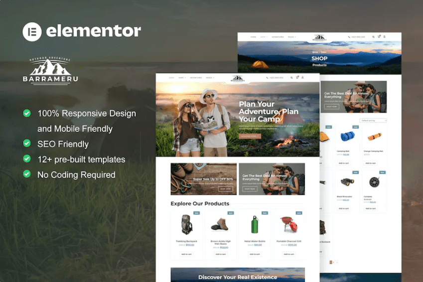 Barrameru – 户外探险露营商店 Elementor Pro 模板套件