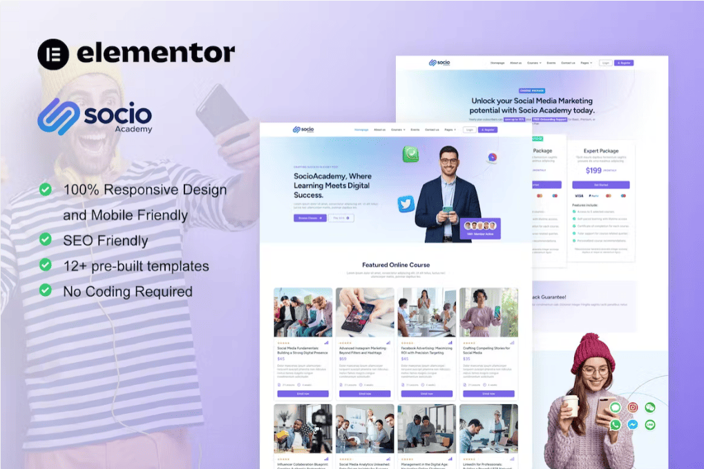 SocioAcademy – 社交媒体管理课程 Elementor 模板套件