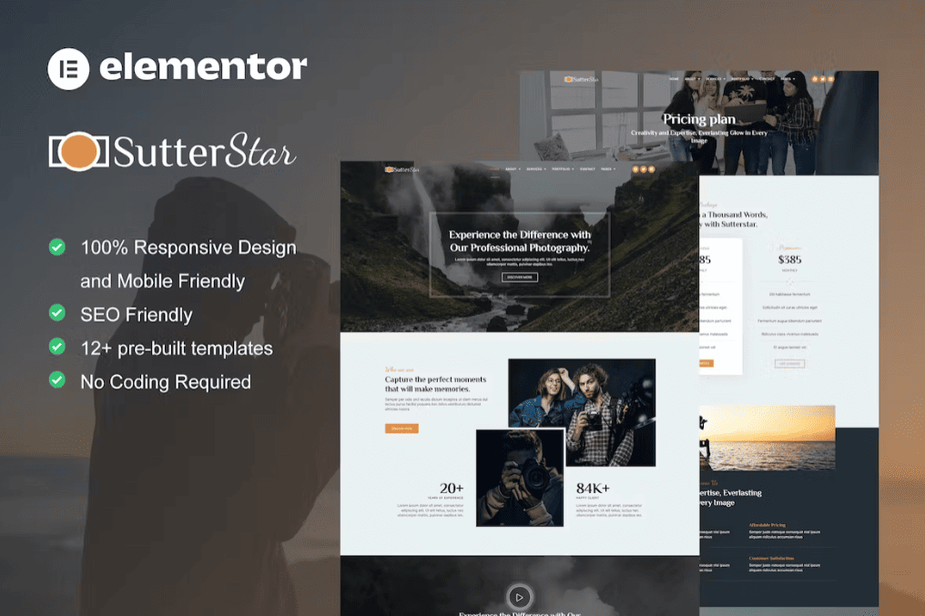 SutterStar – 摄影服务和作品集 Elementor 模板套件