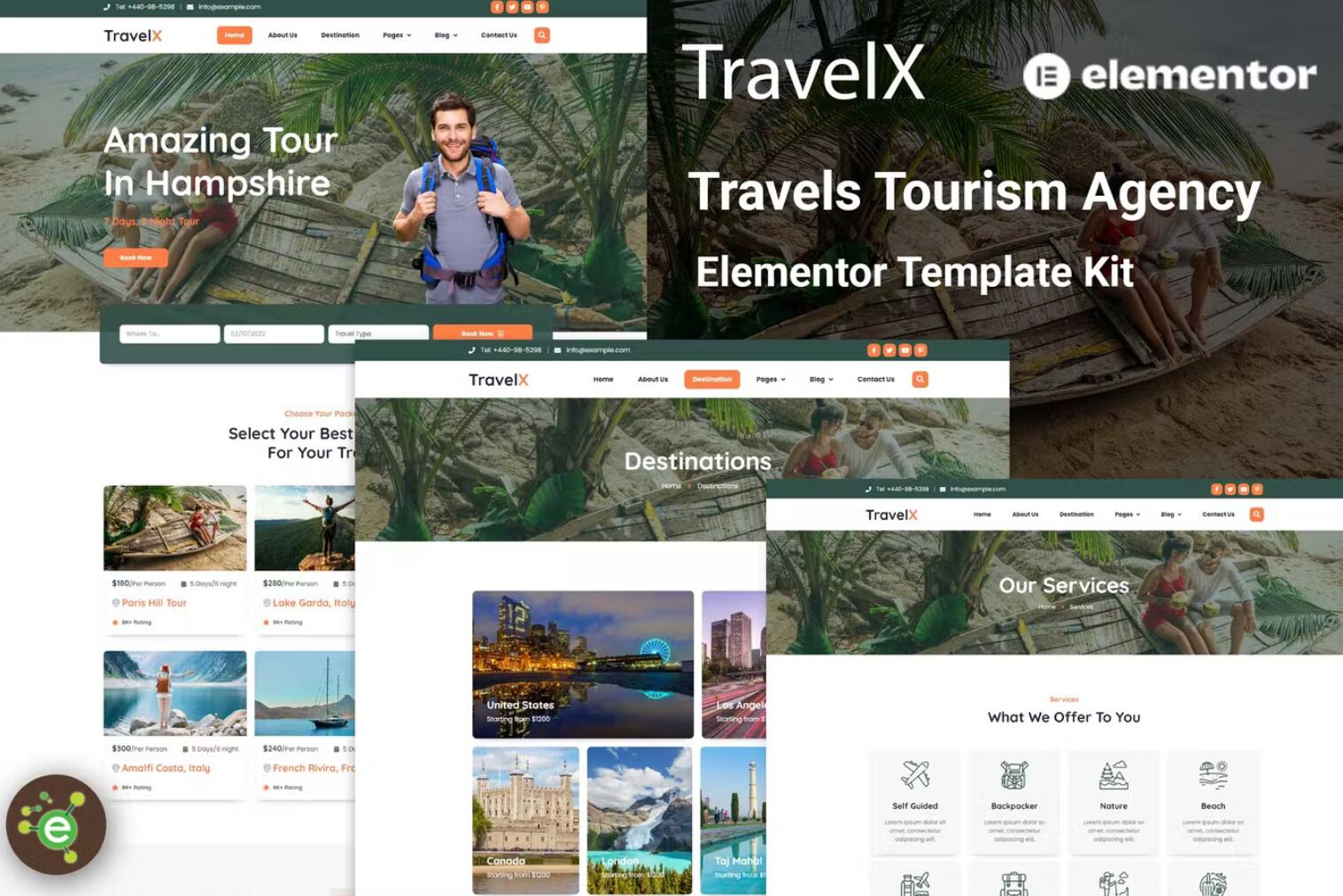 TravelX – 旅游旅行酒店预订WordPress带后台网站模板 Elementor Template Kit