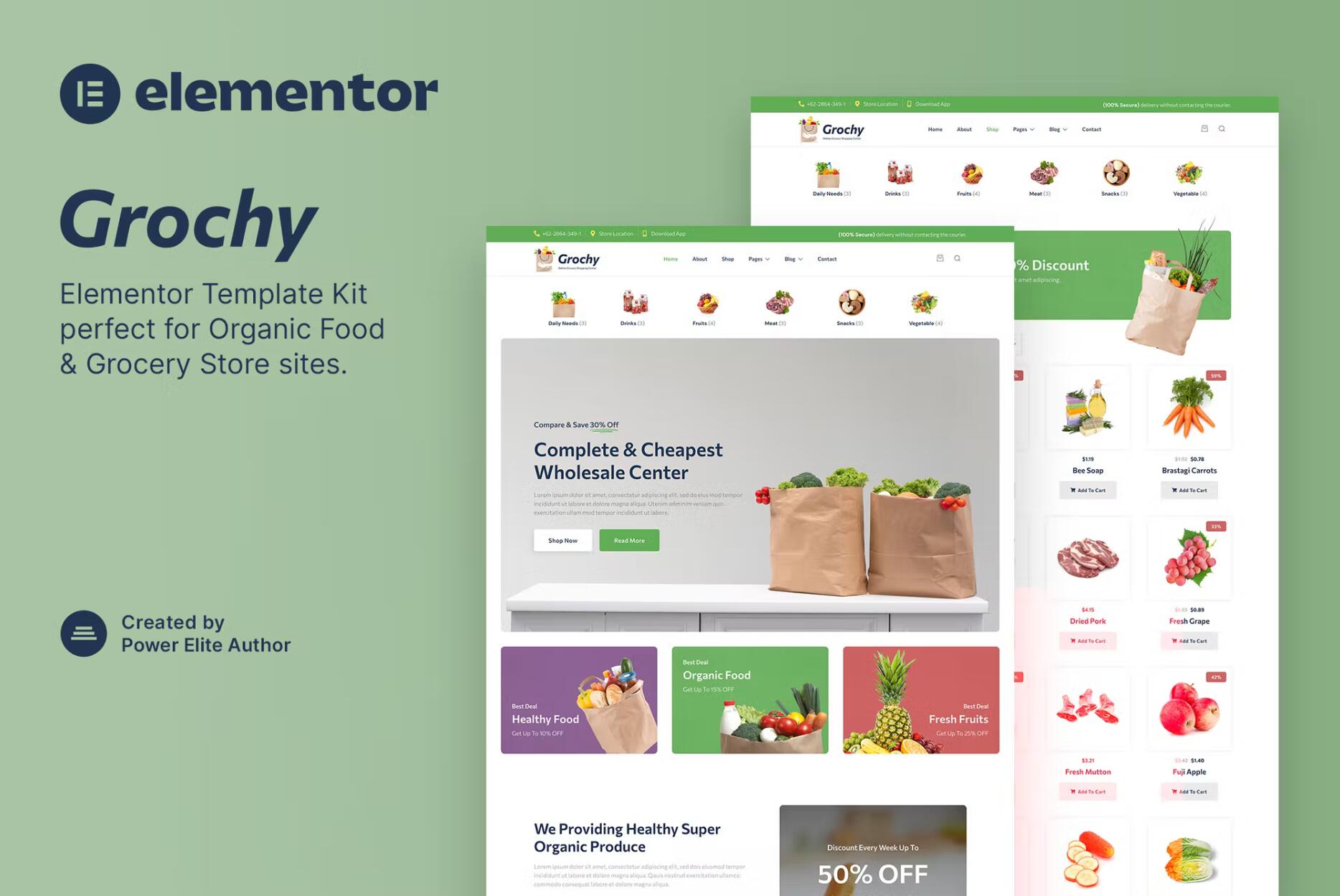 Grochy – 蔬菜水果日用百货网站模板带后台 Elementor Template Kit