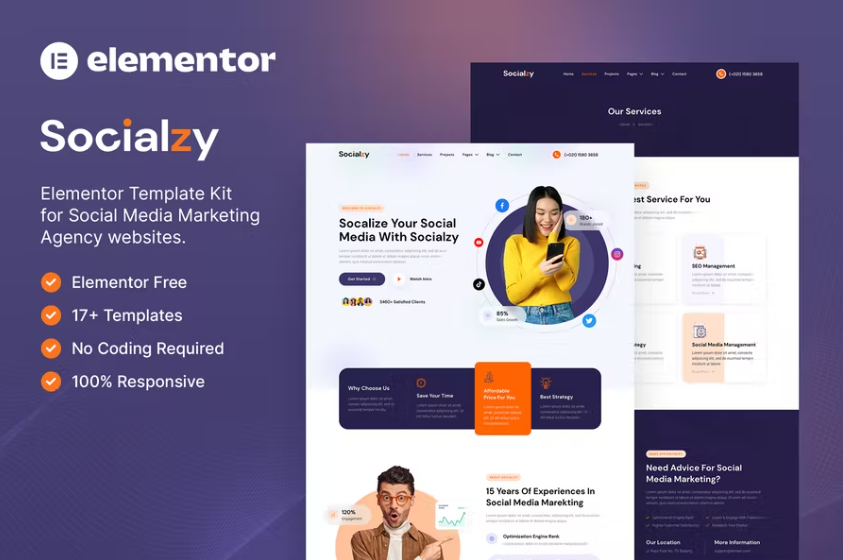 Socialzy – 社交媒体营销机构 Elementor 模板套件