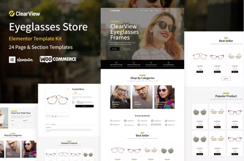 ClearView – 眼镜和眼镜商店 WooCommerce Elementor 模板套件