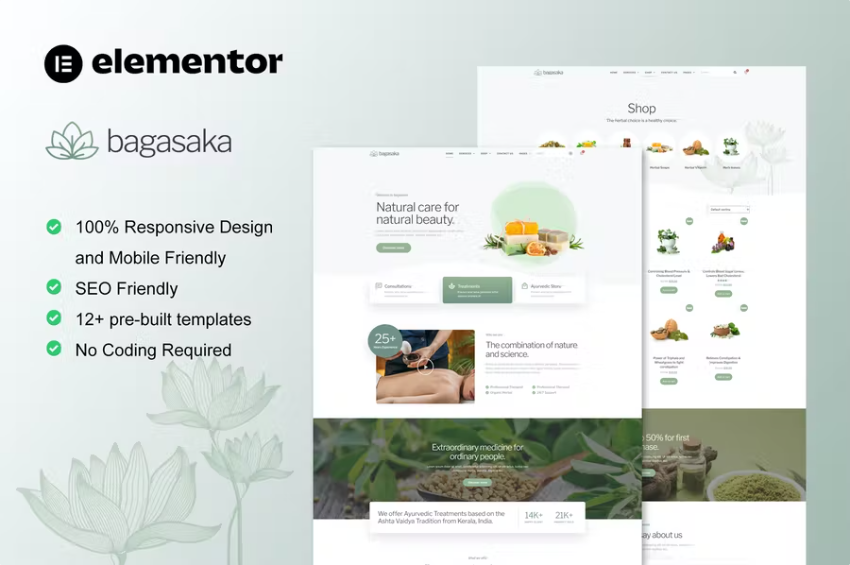 Bagasaka – 阿育吠陀治疗和 WooCommerce 商店 Elementor Pro 模板套件