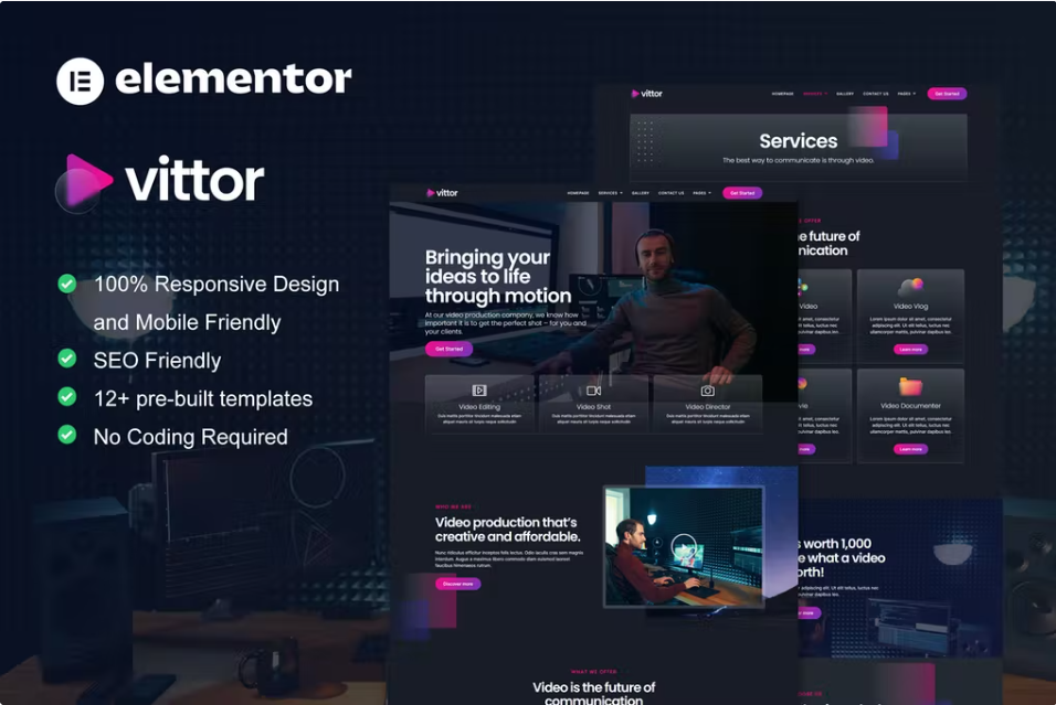 Vittor – 视频制作服务 Elementor Pro 模板套件