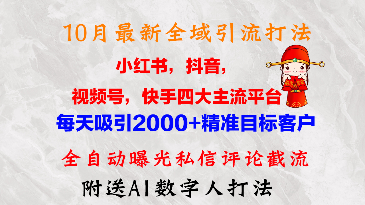 10月最新小红书，抖音，视频号，快手四大平台全域引流，，每天吸引2000…